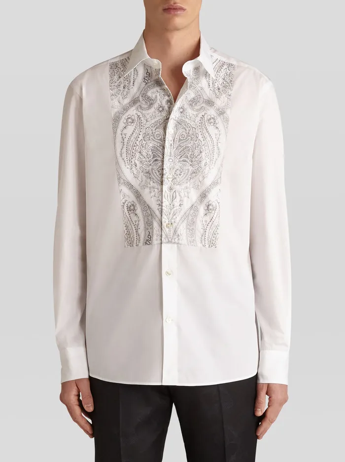 Men Cotton Shirt With Embroidered Plastron Etro Shirts