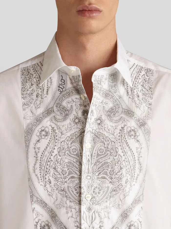 Men Cotton Shirt With Embroidered Plastron Etro Shirts