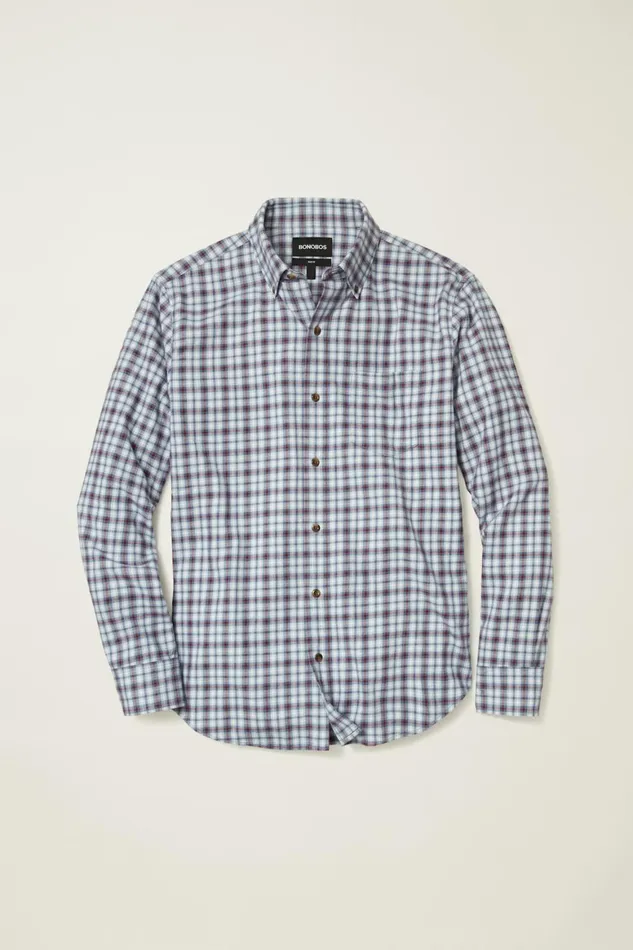 Men Everyday Lightweight Flannel Shirt Heather Blue Burgundy Plaid Bonobos Casual Shirts