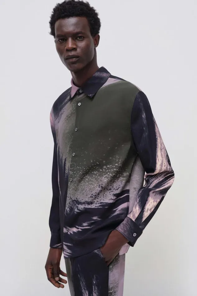 Men Finn Shirt Black Wave Print Jonathan Simkhai Tops and TShirts