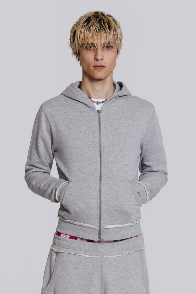 Men Grey Shrunken Zip Hoodie Jaded London Hoodies and Sweatshirts