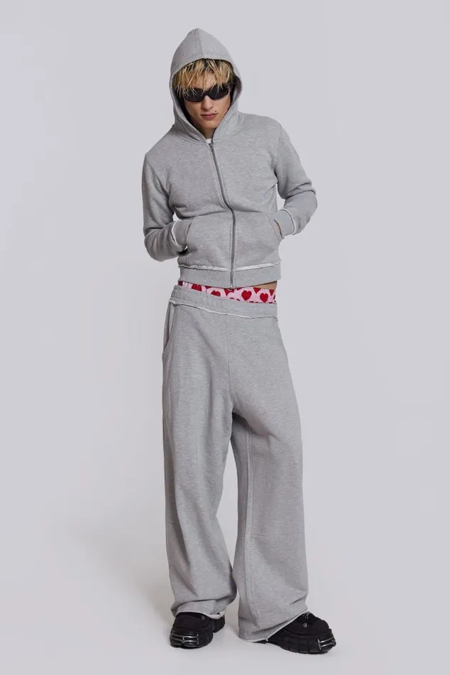 Men Grey Shrunken Zip Hoodie Jaded London Hoodies and Sweatshirts