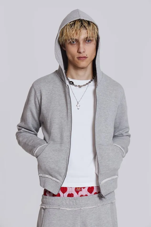 Men Grey Shrunken Zip Hoodie Jaded London Hoodies and Sweatshirts