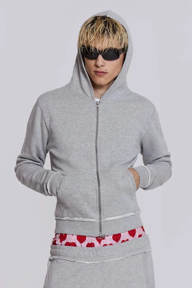 Men Grey Shrunken Zip Hoodie Jaded London Hoodies and Sweatshirts