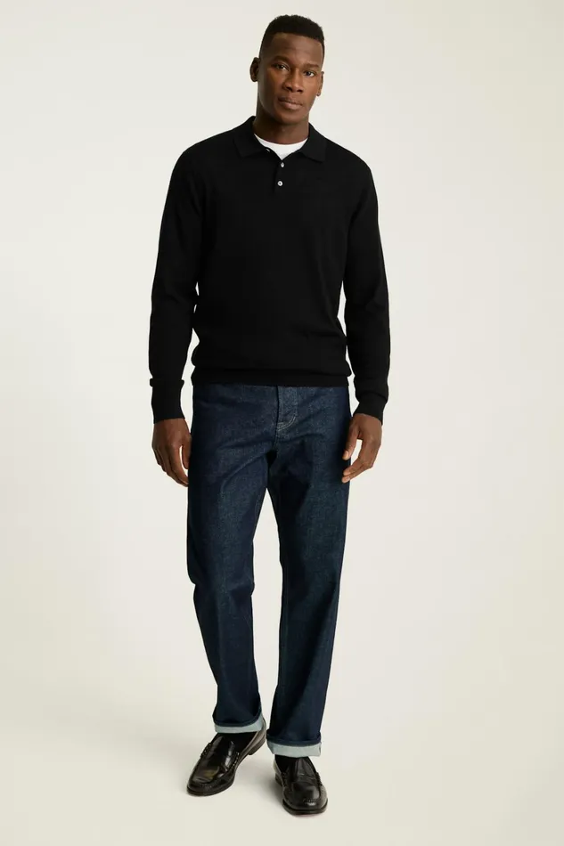 Men Hudson Long Sleeve Sweater Polo Black Merino Bonobos Sweater Polos