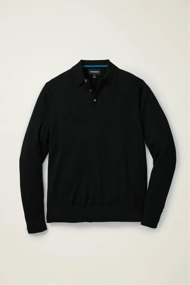Men Hudson Long Sleeve Sweater Polo Black Merino Bonobos Sweater Polos
