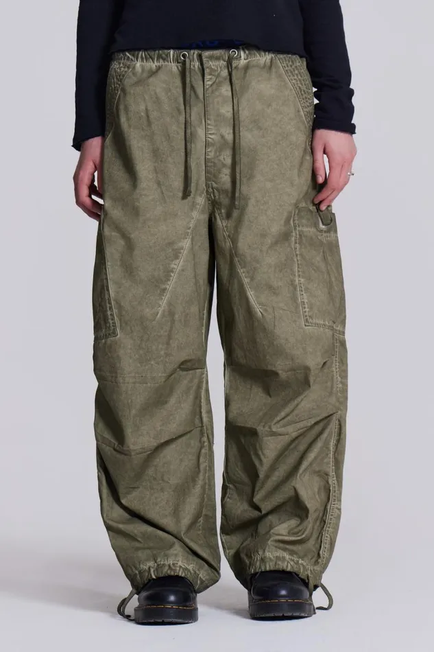 Men Khaki Oil Wash Parachute Cargo Pants Jaded London Parachute Pants