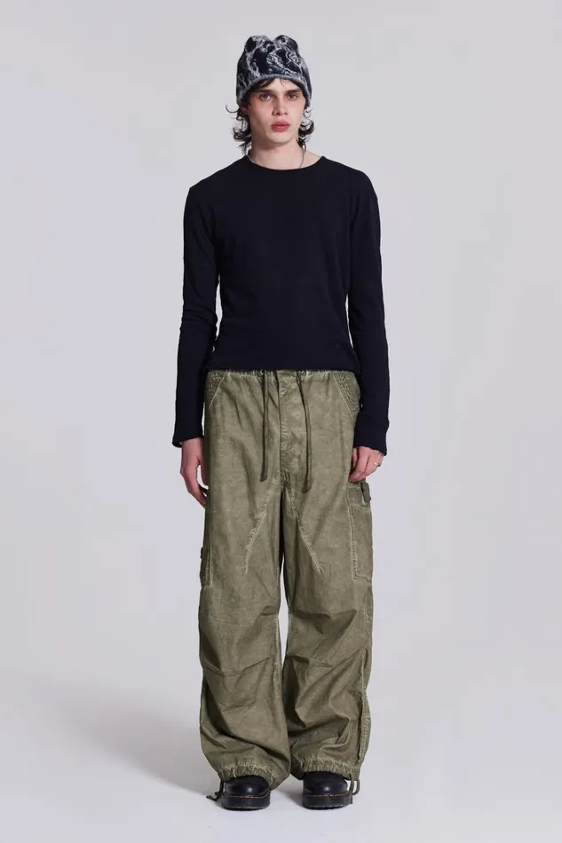 Men Khaki Oil Wash Parachute Cargo Pants Jaded London Parachute Pants