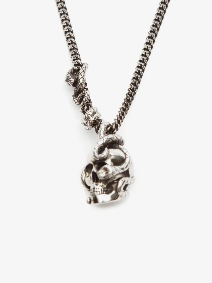 Men Necklaces Alexander McQueen Skull And Snake Necklace Antique Silver
