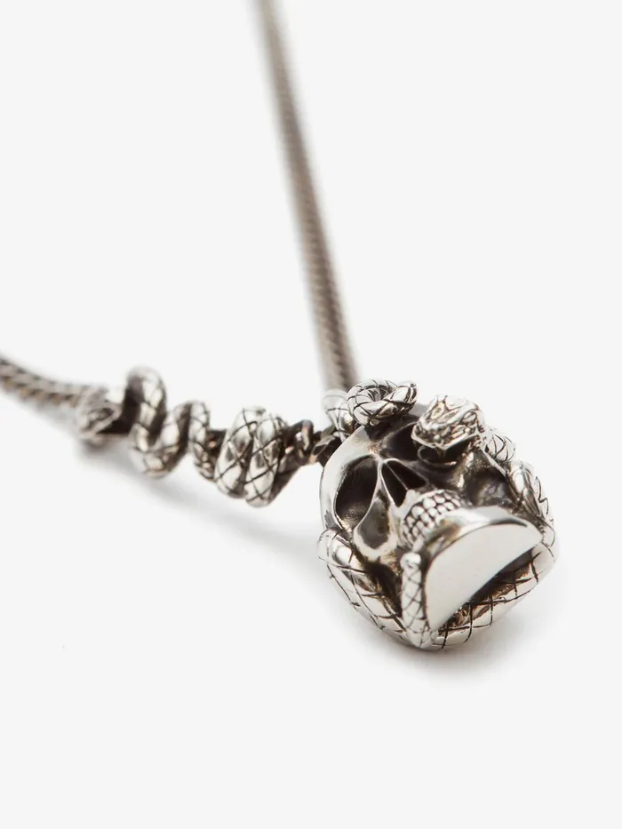Men Necklaces Alexander McQueen Skull And Snake Necklace Antique Silver