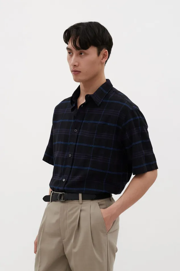 Men Norse Projects Shirting Ivan Relaxed Textured Check SS Shirt Dark Navy