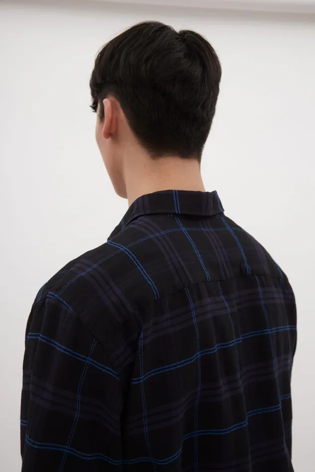 Men Norse Projects Shirting Ivan Relaxed Textured Check SS Shirt Dark Navy
