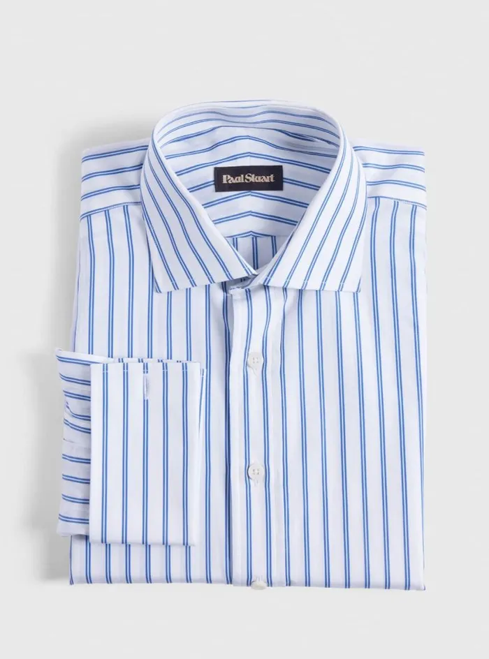 Men Paul Stuart Dress Shirts Double Track Stripe Dress Shirt Blue