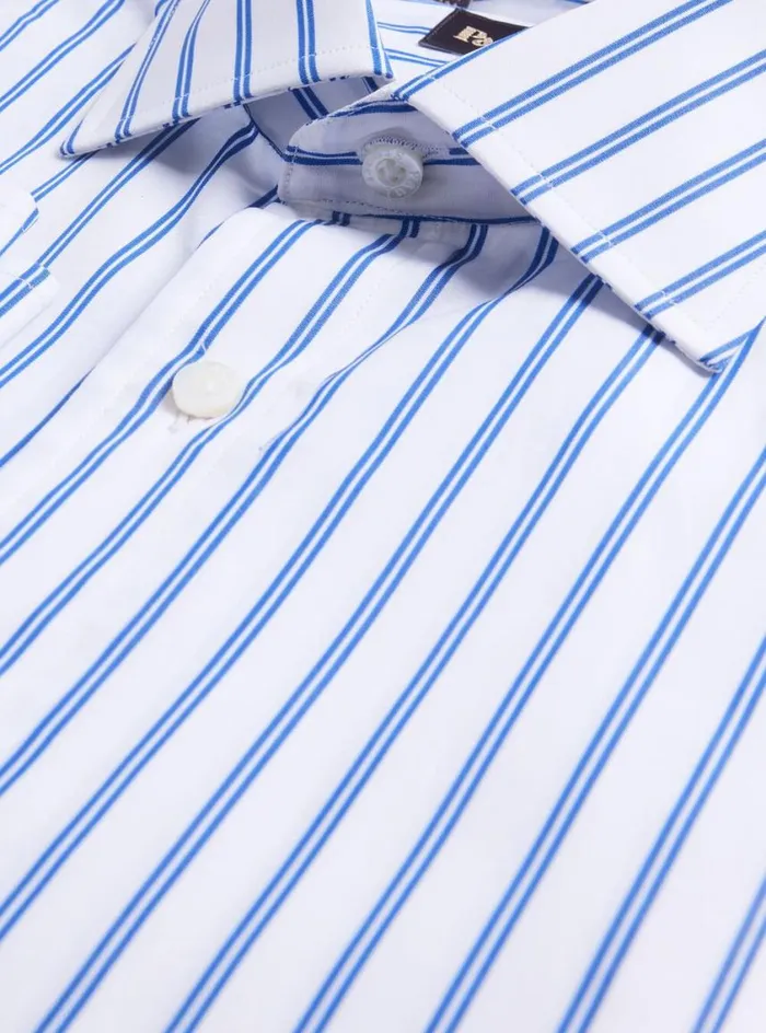 Men Paul Stuart Dress Shirts Double Track Stripe Dress Shirt Blue