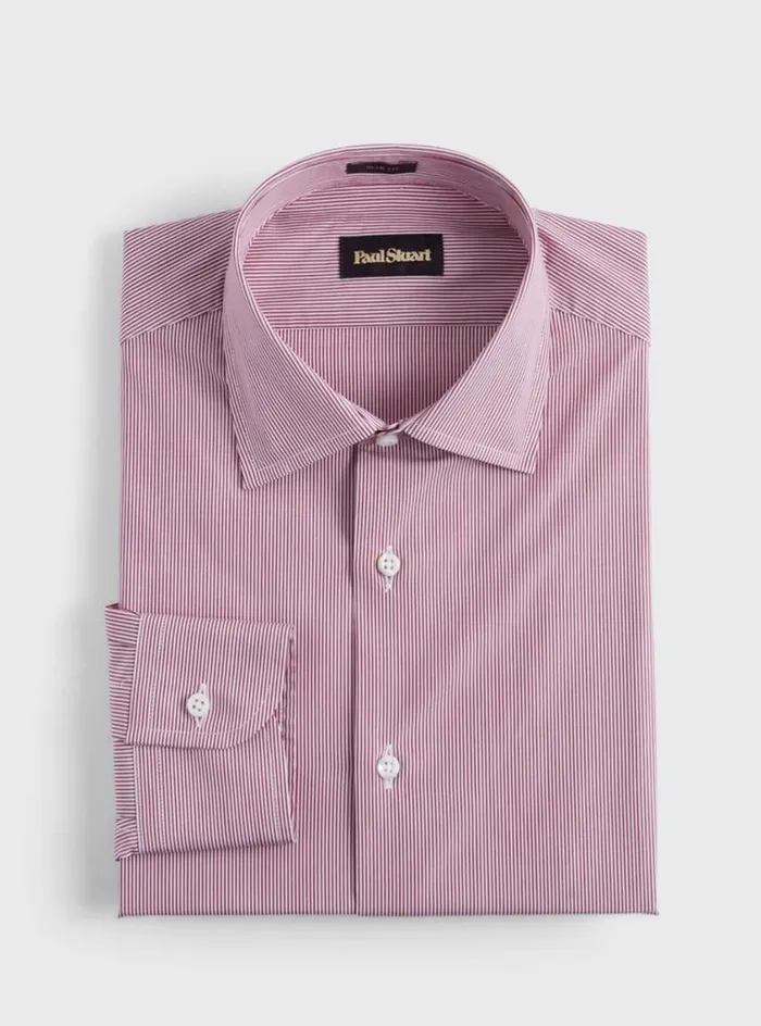 Men Paul Stuart Dress Shirts Fine Stripe Slim Fit Dress Shirt Red