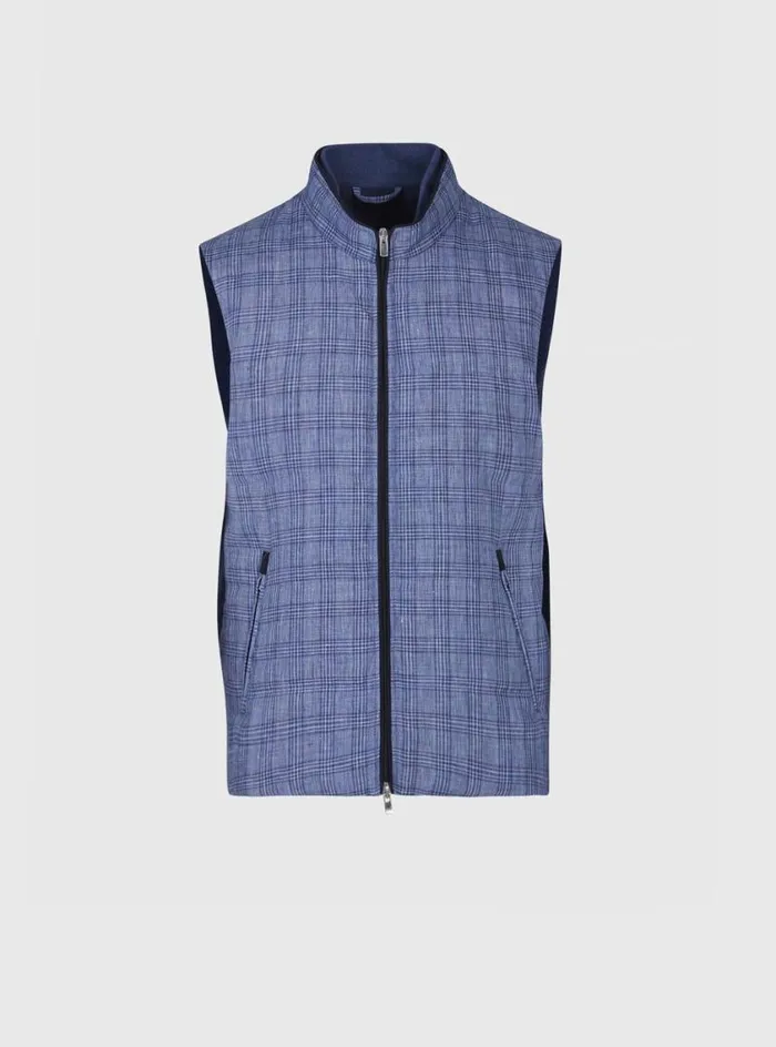 Men Paul Stuart Outerwear Linen Plaid Vest Blue