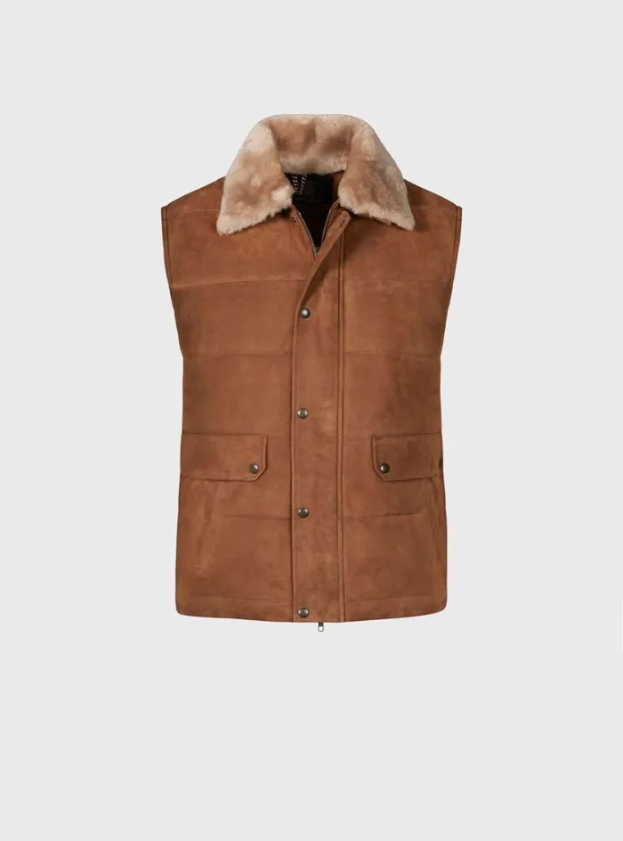 Men Paul Stuart Outerwear Quilted Shearling Vest Tan