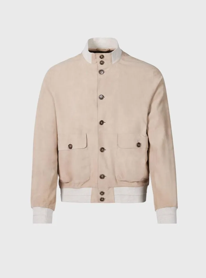 Men Paul Stuart Outerwear Suede Button Front Blouson Jacket Sand