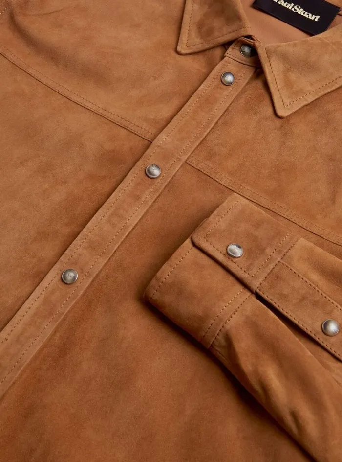 Men Paul Stuart Outerwear Suede Shirt Jacket Cognac