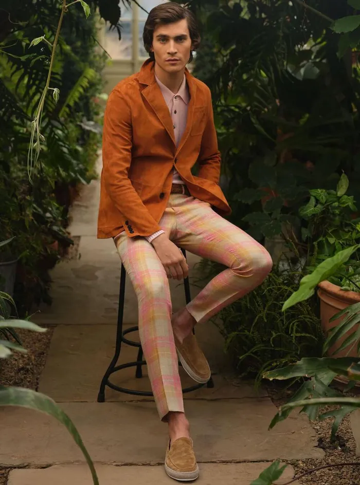 Men Paul Stuart Pants Linen and Cotton Plaid Trousers Coral