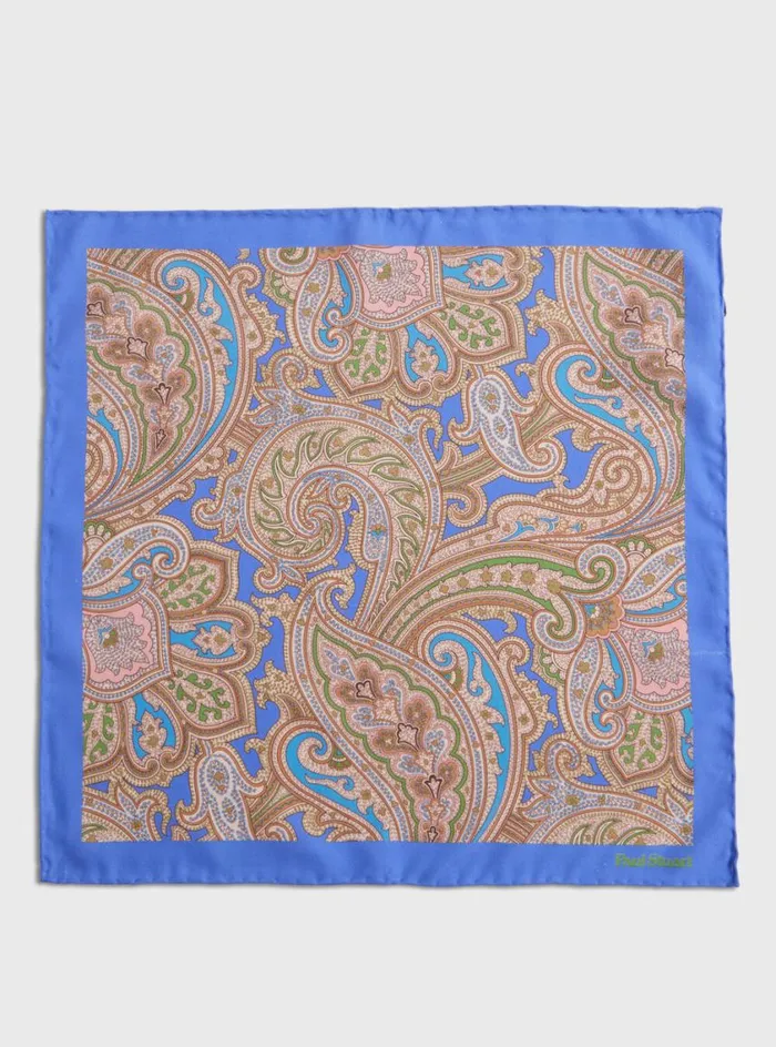 Men Paul Stuart Pocket Squares Habotai Silk Summer Paisley Pocket Square Blue