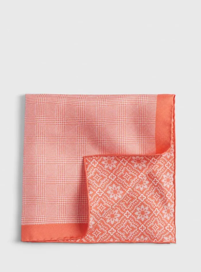 Men Paul Stuart Pocket Squares Reversible Silk Plaid Pocket Square Orange