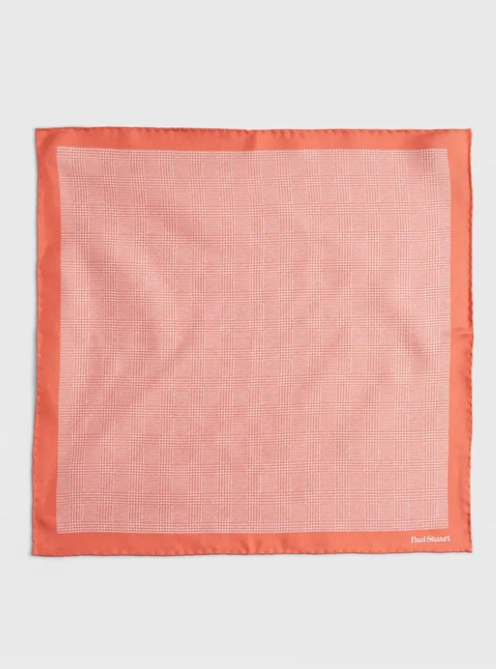 Men Paul Stuart Pocket Squares Reversible Silk Plaid Pocket Square Orange