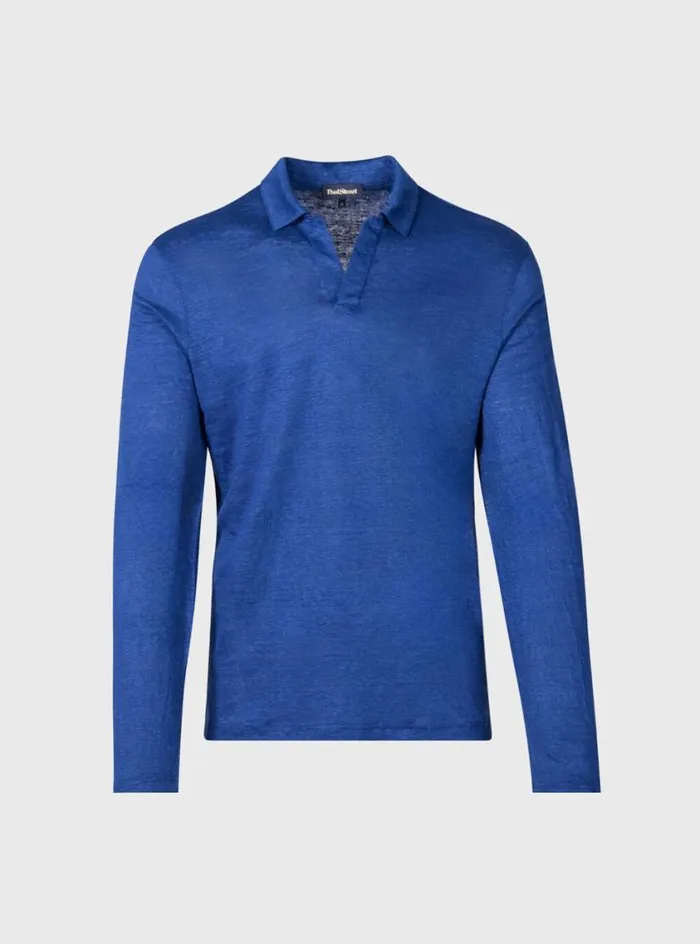 Men Paul Stuart Polos and TShirts Long Sleeve Linen Polo Navy