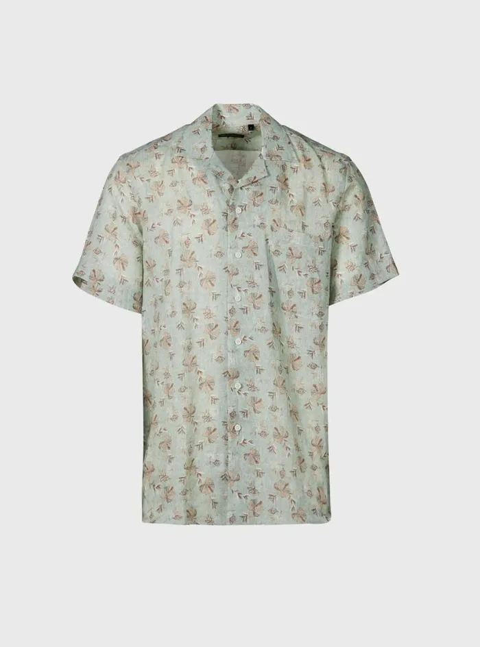 Men Paul Stuart Sport Shirts Linen Leaf Print Camp Shirt Mint