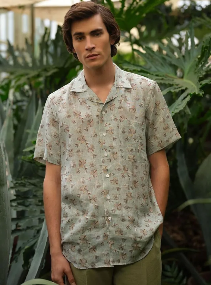 Men Paul Stuart Sport Shirts Linen Leaf Print Camp Shirt Mint