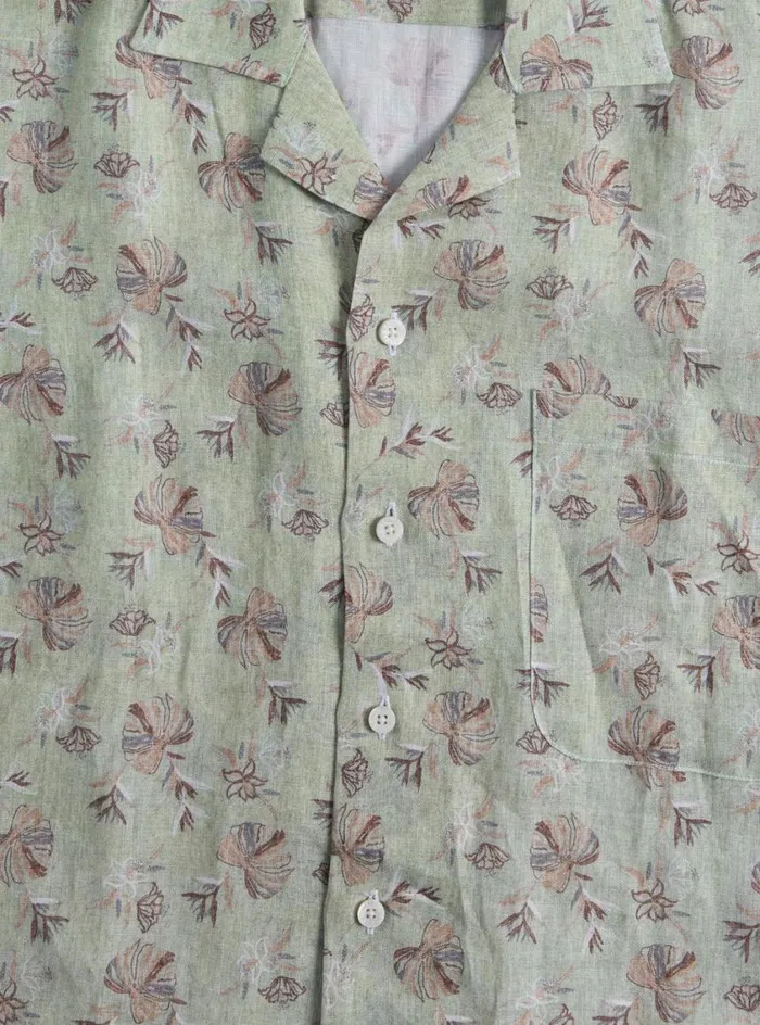 Men Paul Stuart Sport Shirts Linen Leaf Print Camp Shirt Mint