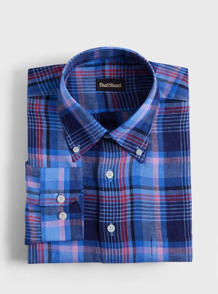 Men Paul Stuart Sport Shirts Linen Plaid Sport Shirt Purplenavyblue