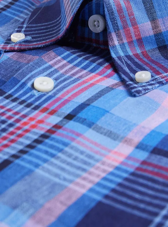 Men Paul Stuart Sport Shirts Linen Plaid Sport Shirt Purplenavyblue