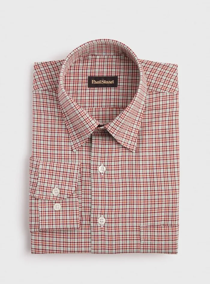 Men Paul Stuart Sport Shirts Mini Houndstooth Flannel Sport Shirt Brick