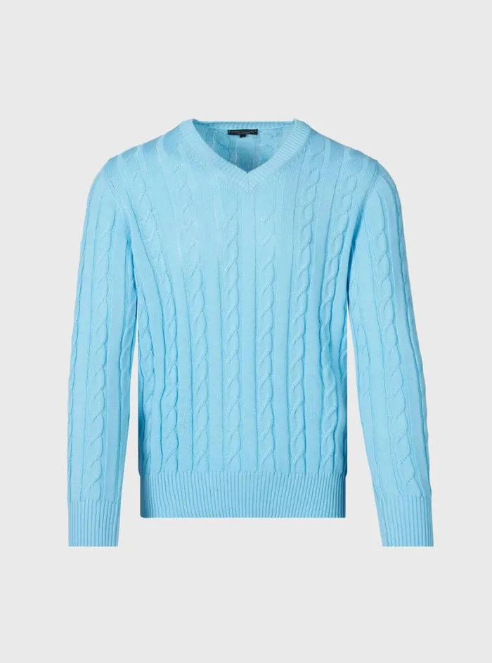 Men Paul Stuart Sweaters Cotton Cable VNeck Pullover Blue