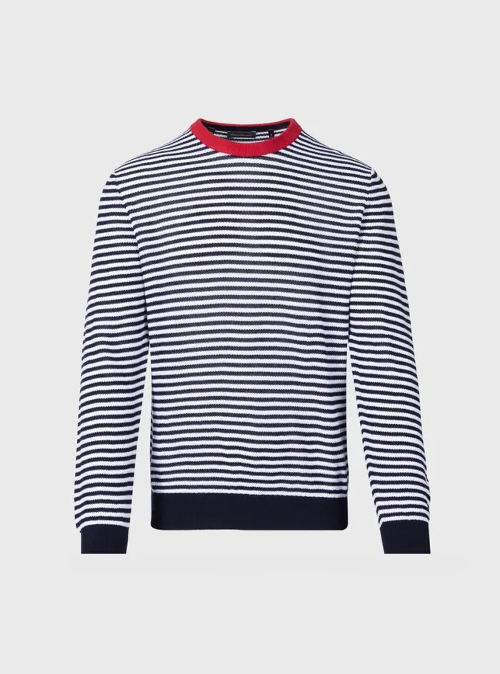 Men Paul Stuart Sweaters Cotton Striped Crewneck Sweater Navywhite