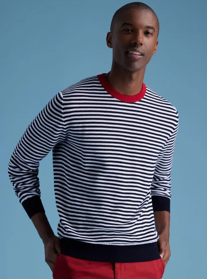 Men Paul Stuart Sweaters Cotton Striped Crewneck Sweater Navywhite