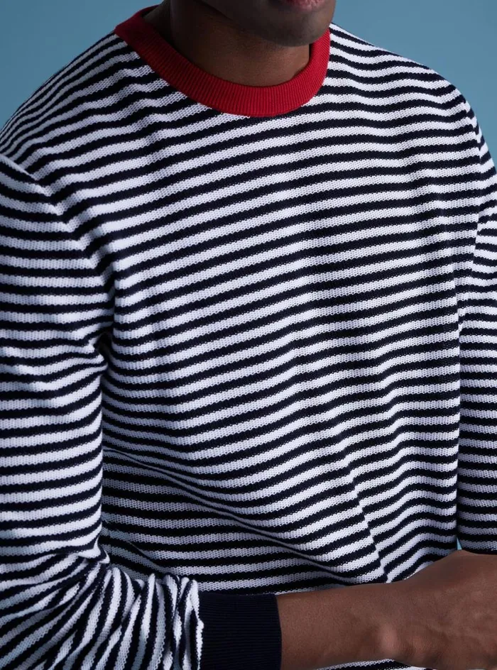 Men Paul Stuart Sweaters Cotton Striped Crewneck Sweater Navywhite