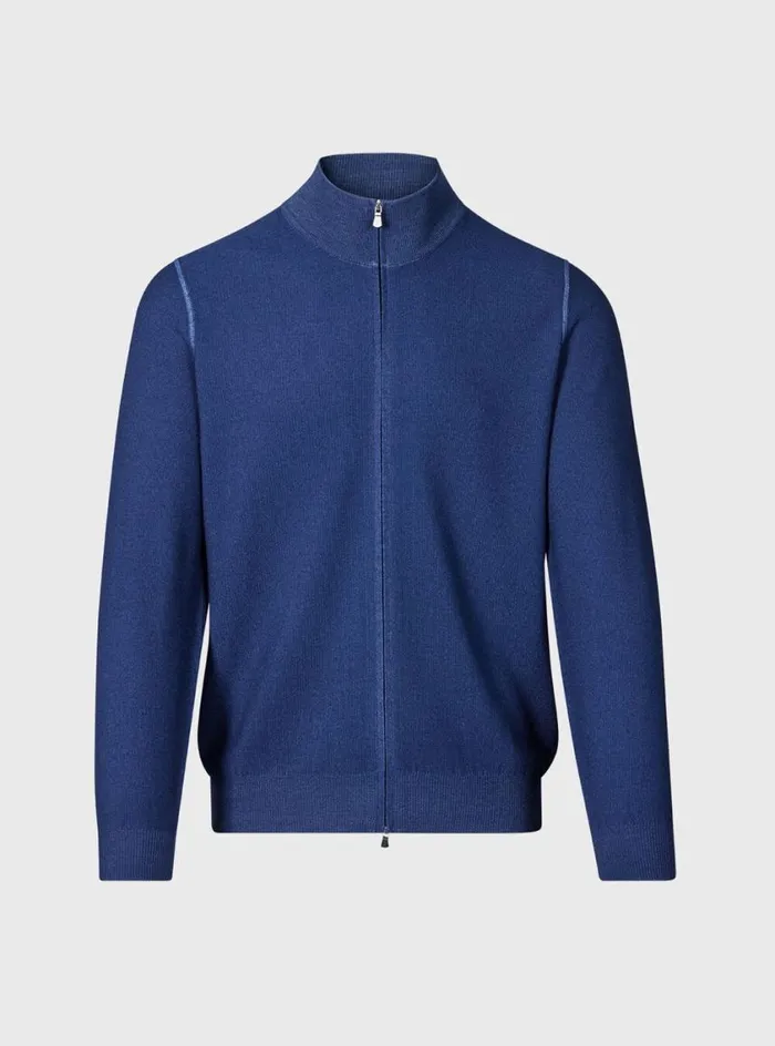 Men Paul Stuart Sweaters Merino Wool Rice Stitch Zip Cardigan Denim
