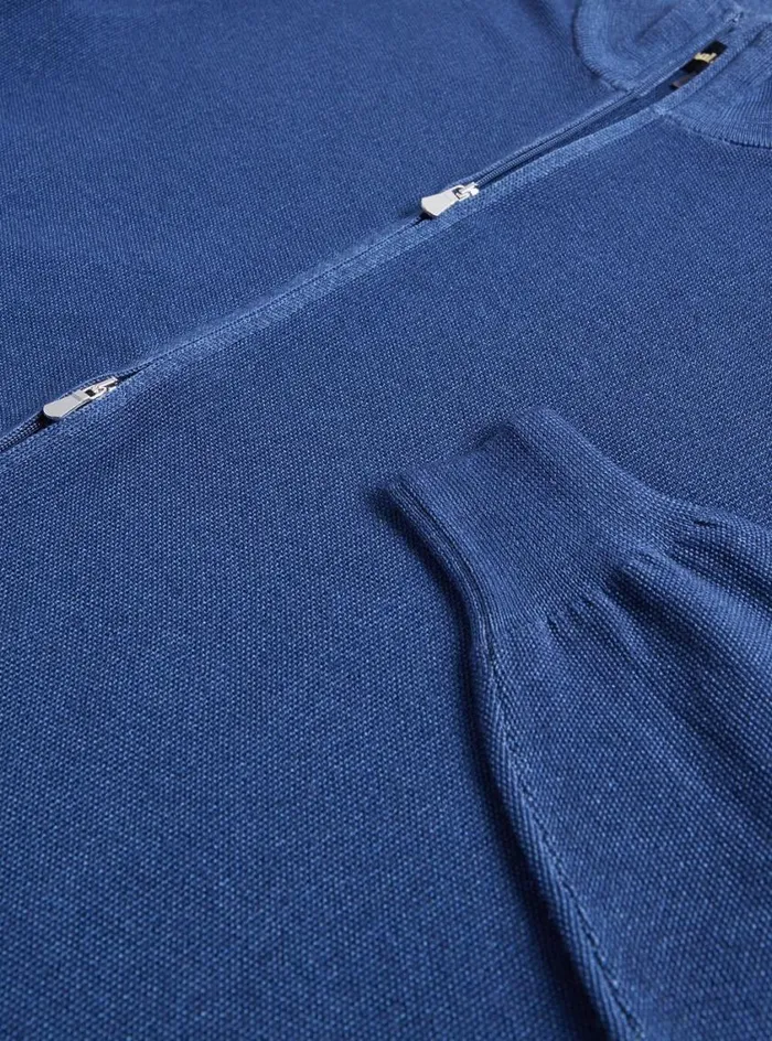 Men Paul Stuart Sweaters Merino Wool Rice Stitch Zip Cardigan Denim