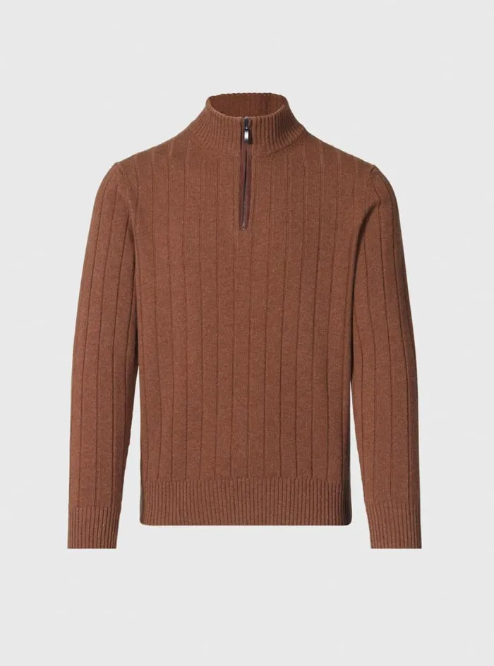 Men Paul Stuart Sweaters Ribbed Quarter Zip Sweater With Suede Vicuna