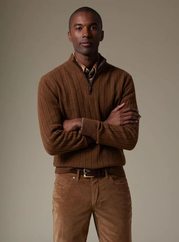 Men Paul Stuart Sweaters Ribbed Quarter Zip Sweater With Suede Vicuna
