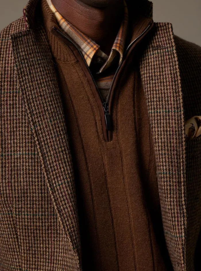 Men Paul Stuart Sweaters Ribbed Quarter Zip Sweater With Suede Vicuna