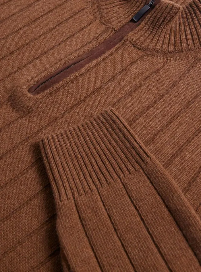 Men Paul Stuart Sweaters Ribbed Quarter Zip Sweater With Suede Vicuna