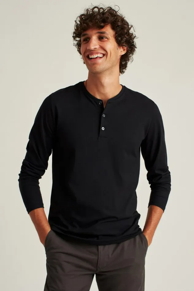 Men Pima Performance Long Sleeve Henley Jet Black Bonobos Henleys