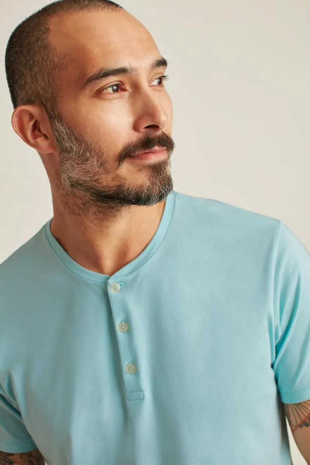 Men Pima Performance Short Sleeve Henley Sky Blue Bonobos Henleys