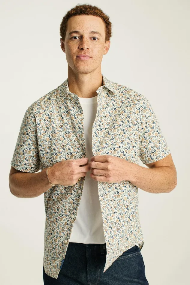 Men Riviera Short Sleeve Shirt White Bird Floral Bonobos Casual Shirts