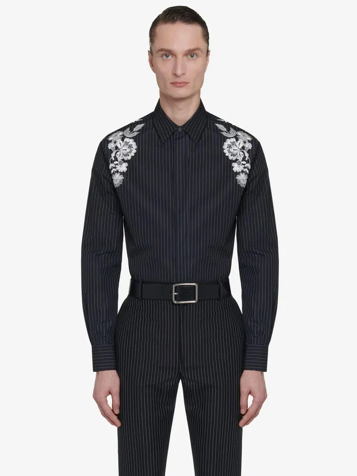 Men Shirts Alexander McQueen Embroidered Harness Shirt Blackwhitesilver