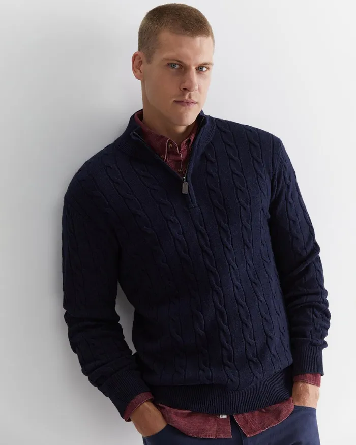 Men Sportscraft Jackets and Blazers Munro Cable Wool Quarter Zip Navy