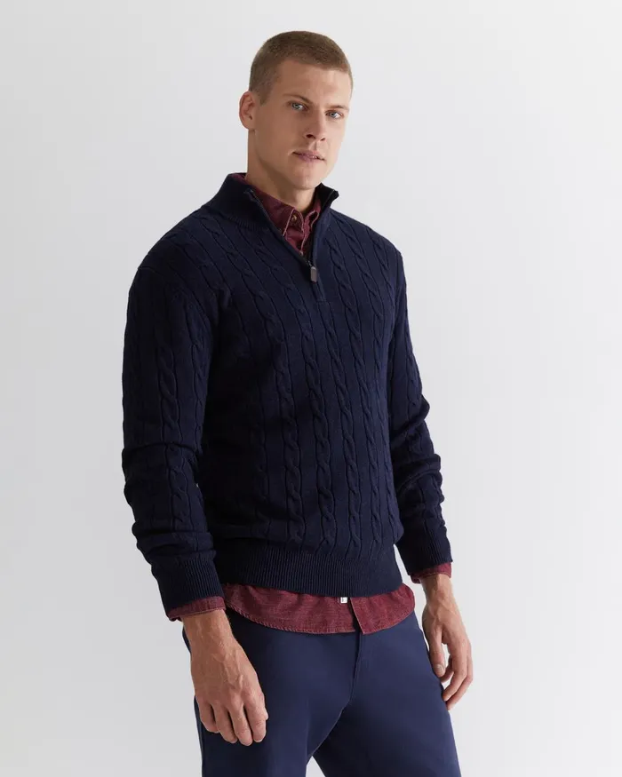 Men Sportscraft Jackets and Blazers Munro Cable Wool Quarter Zip Navy